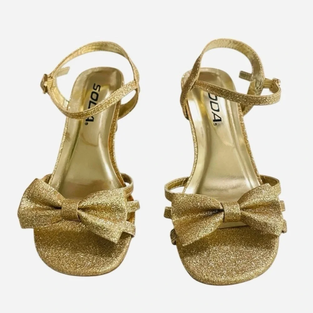 Soda Girl’s Gold Glitter Heel Sandals – Size 1 Big Kid – 2” Low Heel, Open Toe